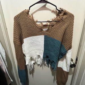 Color block fringed sweater